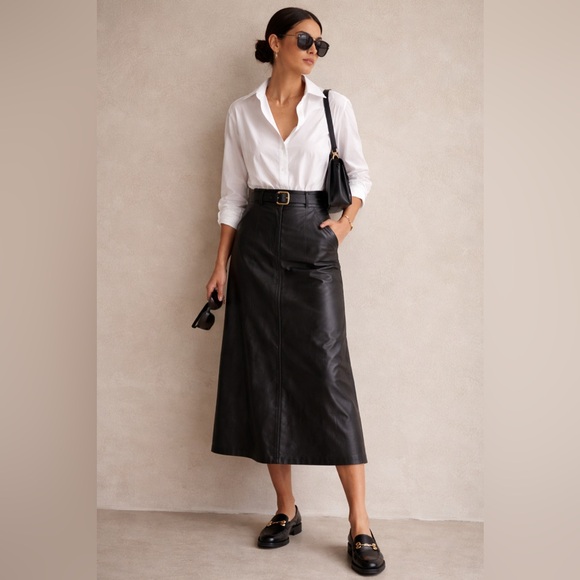 Vintage Dresses & Skirts - Vintage Black Leather Midi Skirt 90s Minimal Size 8 XS